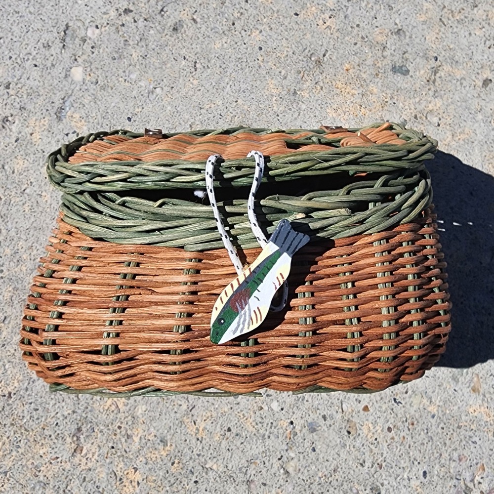 Vintage Wicker Fishing Creel Basket Brown Green Woven Wood Fish Decor Rustic
